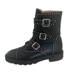 Stuart Weitzman Jesse Lift Leather combat Moto Boots Studs Black 7.5